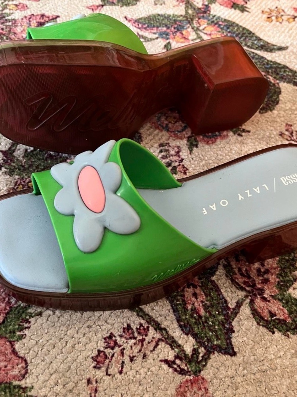 Lazy Oaf Green Daisy-Accent Platform Mules with Light Blue Footbed